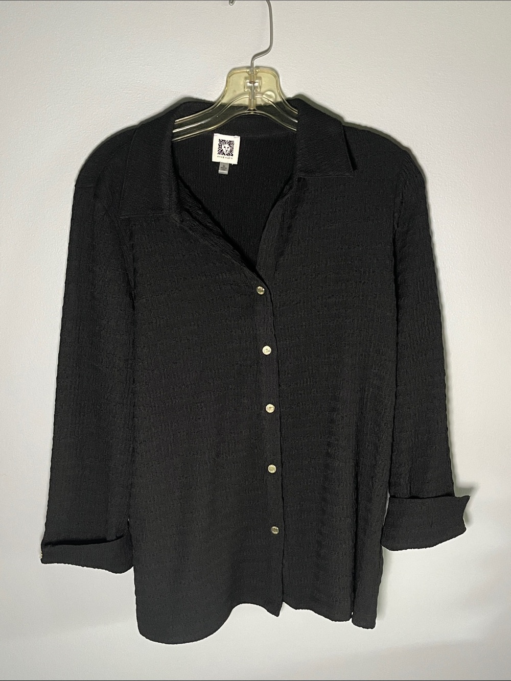 Anne Klein Black Ribbed Button-Front Top Medium